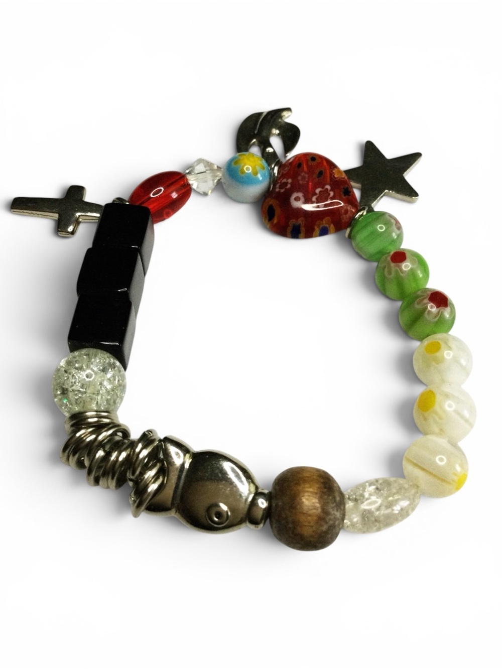 Vtg Artisan Christmas Stretch Bracelet – Mixed Beads with Star Cross Dove Charms - Picture 15 of 16
